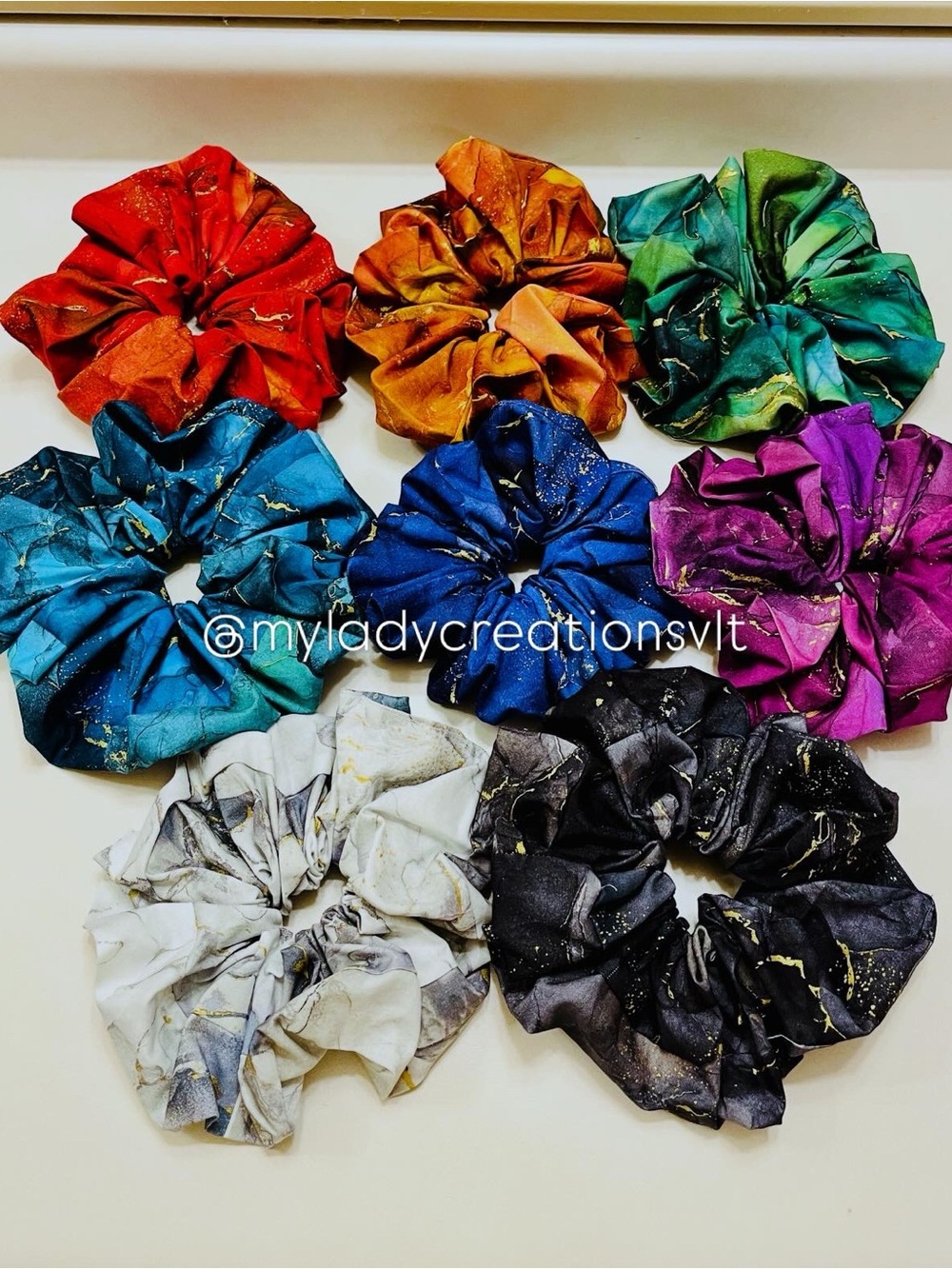 Handmade Rainbow Gold Tie-Dye Jumbo Scrunchie Set